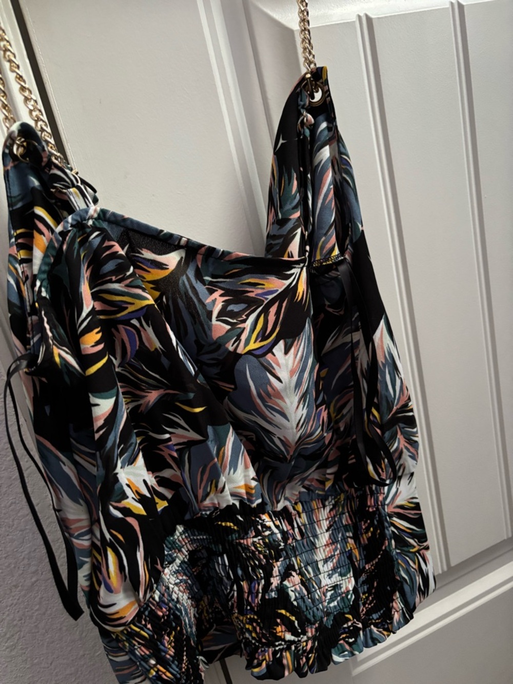 Guess Black Multi-Color Feather-Print Blouse